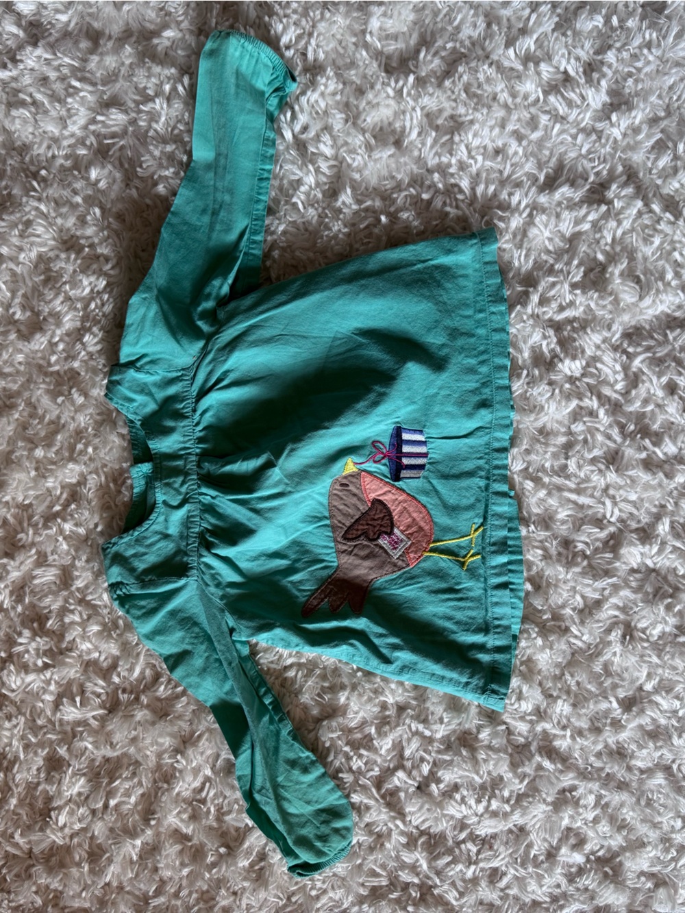 Mini Boden Teal Long-Sleeve Top with Bird Appliqué